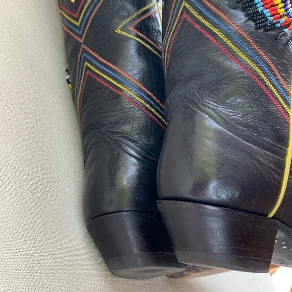 Larry Mahan Rare Vintage Aztec Beaded Fringe Black Leather Cowboy Western Boots - Picture 6 of 10